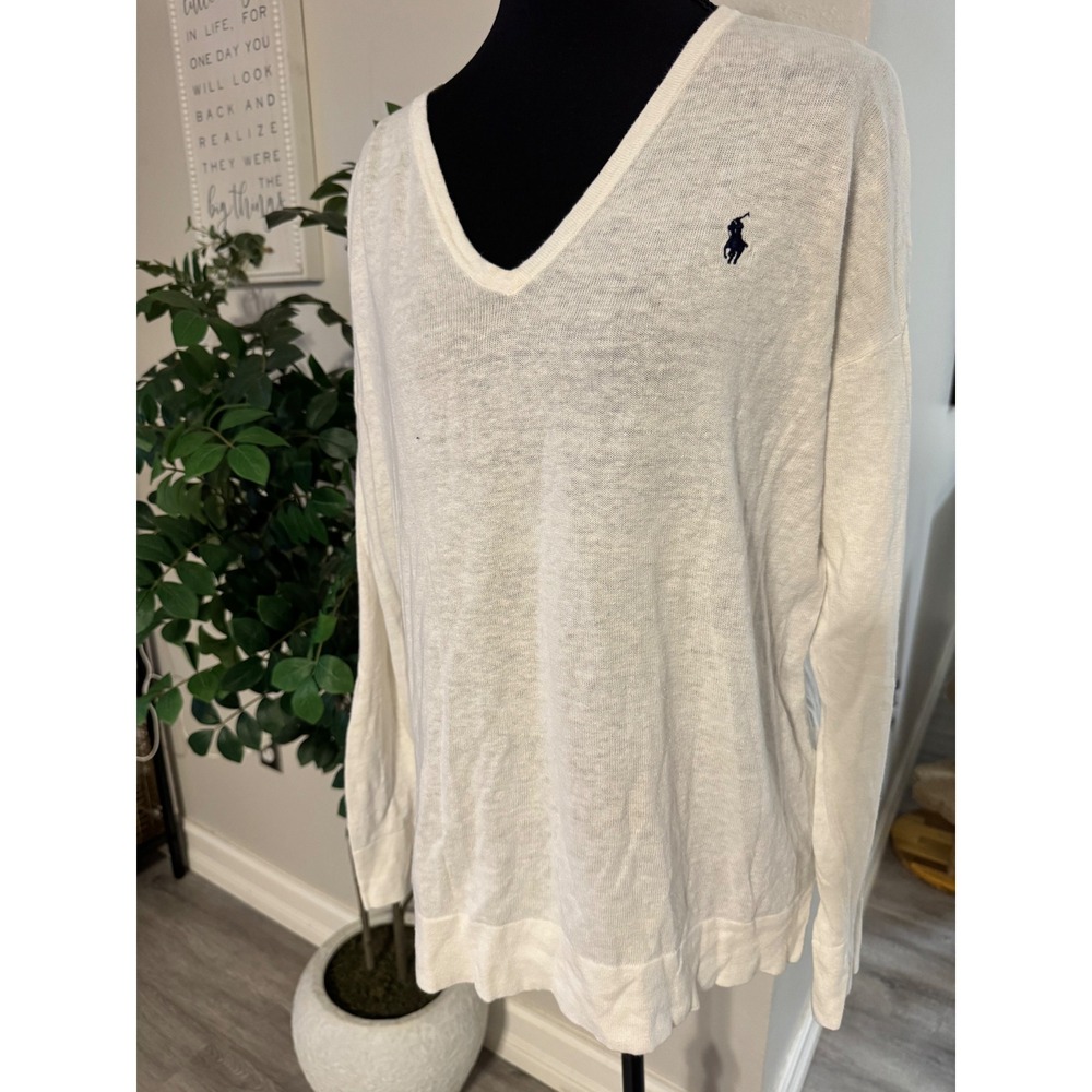 Polo Ralph Lauren Womens XL Linen Cotton V-Neck Sweater Cream Pony Logo